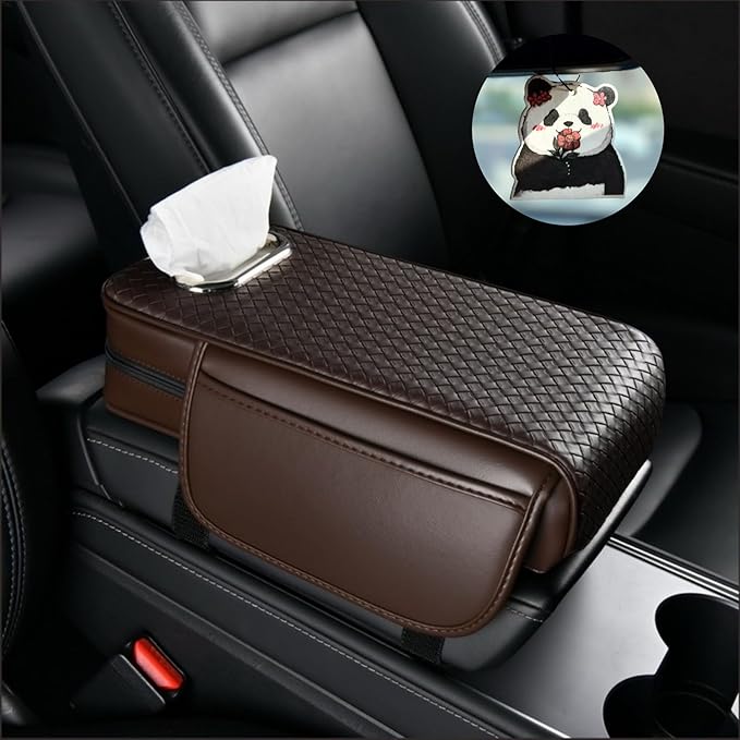 Car Armrest Cushion Cover Car Center Console Memory Foam Booster Pad with Storage Pocket and Tissue Hole for Sedan Vehicle (Coffee, 12.99 * 7.09 * 2.95'' / 33 * 18 * 7.5 cm)