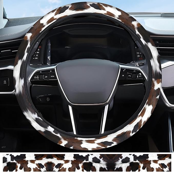 Elastic Car Steering Wheel Cover, Universal 19 inch Non-Slip Breathable Neoprene Steering Wheel Protector, Car Accessories for Women Men Fit Auto, Suvs, Truck Trendy Cow Spots