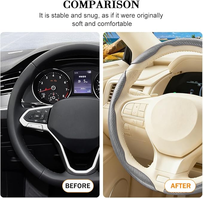 3PCS Carbon Fiber Car Steering Wheel Cover, Leather Segmented Anti-Skid Steering Wheel Protector, Snap on Automotive Interior Protection Accessories, Universal for Vehicles (Gray)