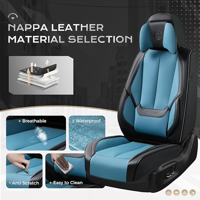 Coverado Seat Covers Full Set, 5 Seats Seat Covers for Cars, Waterproof Nappa Leather Car Seat Covers with Head Pillow, Seat Protectors Car Seat Cushion Universal Fit for Most Cars (Black&Blue)