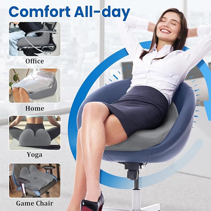 Seat Cushion, Memory Foam Office Chair Seat Cushion for Office Chairs/Car/Long Trip/Desk Chair/Gaming, Large Size for Sciatica & Hip & Tailbone Pain Relief, Sciatica Support (Light Gray)