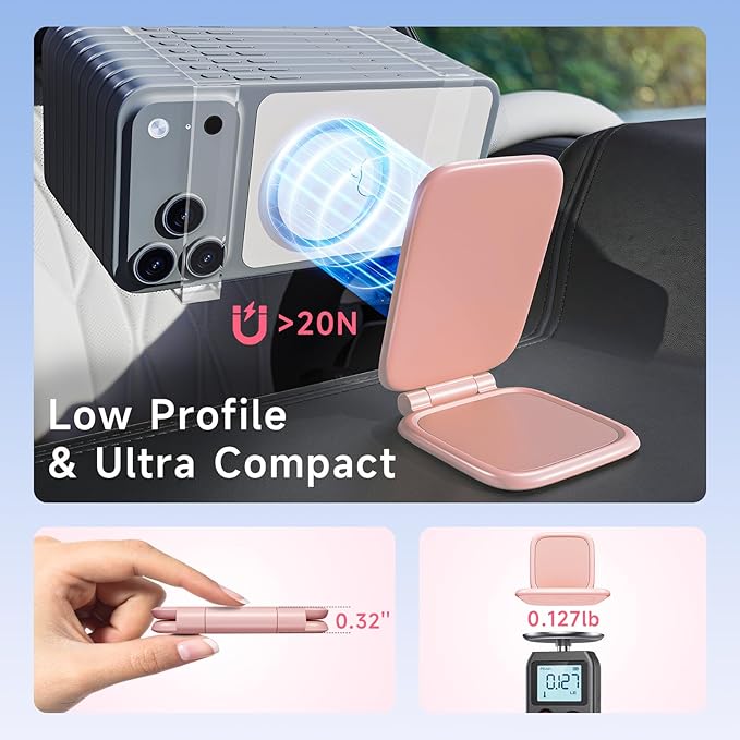 Pink Foldable Magnetic Phone Mount, Hidefold Ultra-Thin Magnetic Phone Holder for Car with Dual Side Strong Magnets, Car Accessories for Women, Fit for All Phone, Dashboard, Laptop, Gym