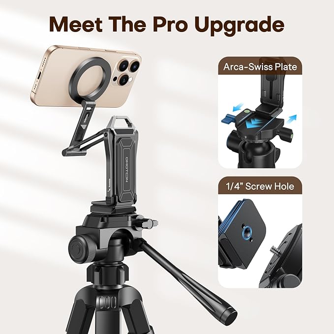 OMOTON TP02 360°Rotating for MagSafe Tripod, New Upgrade with 1/4" Screw Arca, Adjustable Magnetic Phone Tripod for iPhone 17/16/15 Pro Max Air, Foldable Selfie Stick Fits Vlog, Gym, Black Pro