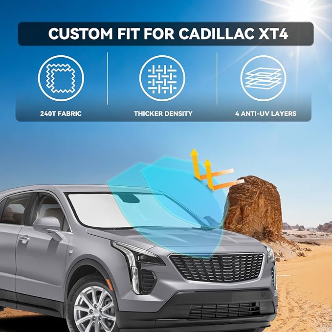 for Cadillac XT4 2019-2025 2026 Windshield Sun Shade - 4 Layers Car Sunshades for Front Windows Shade Cover Custom Fit XT4 Sun Visor 250T Retractable Shade Blocks UV Rays Car Accessories