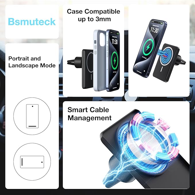 MagSafe Car Charger Mount 7.5W Magnetic Wireless Car Vent Holder for iPhone 15/14/13/12 Series, Strong Grip, 360° Rotatable, Safety Protected, Black