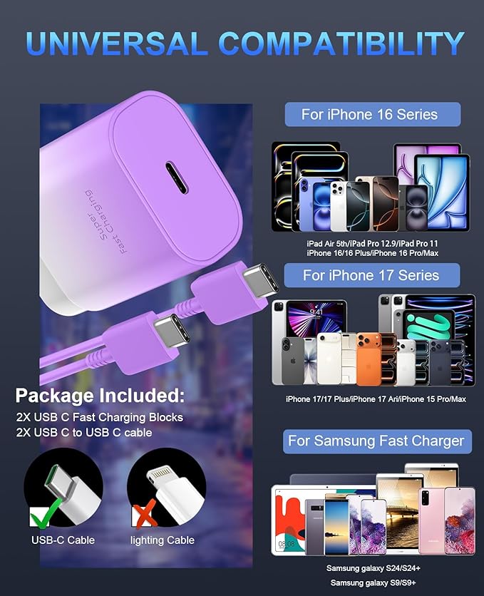 Phone 17 16 15 Charger Fast Charging,30W USB C Phone 17 16 15 Pro Max Charger Block&10FT Long Type C Cable Cord for i.Phone 17/17 Air/17 Pro/17 Pro Max/16/16 ProMax/15/15 Pro Max,Purple Gradient