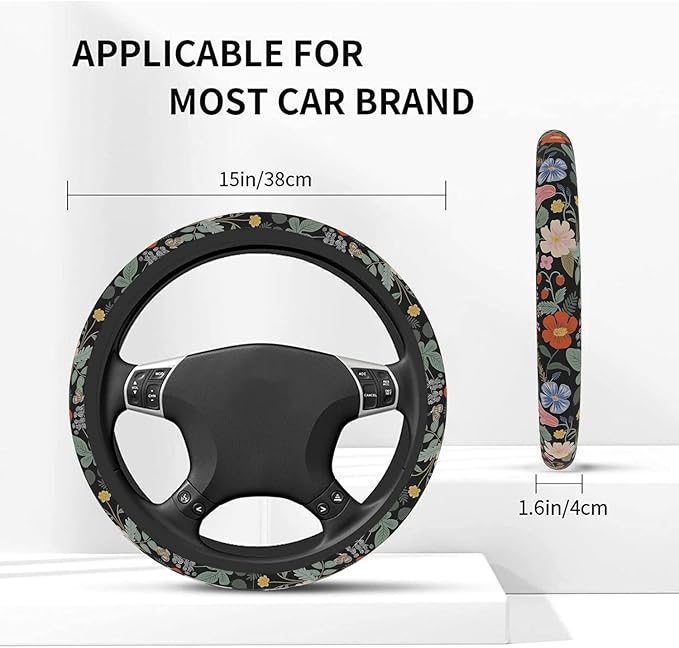 Car Steering Wheel Cover for Women Men, Non-Slip Garden Strawberry Steering Wheel Protector, Universal 14"-15" Fit for Cars, SUVs, Trucks (Garden Strawberry)