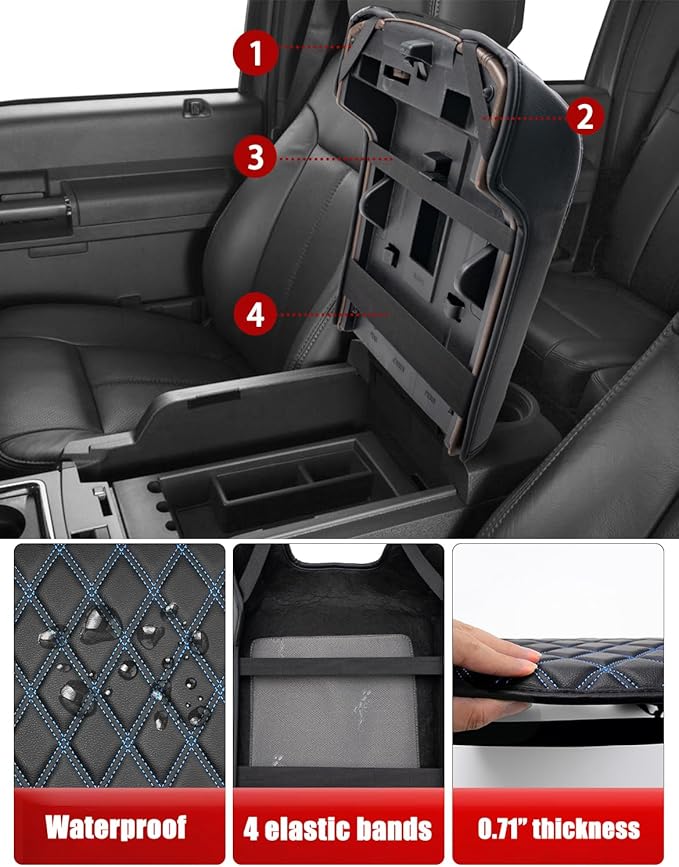 KBH Center Console Armrest Cover for Ford F250 F350 F450 F550 2011-2016, Auto Arm Rest Box Cushion Pad, PU Leather Trim, Anti-Scratch, Black-Blue Stitch (Fits Bucket Seat Only)