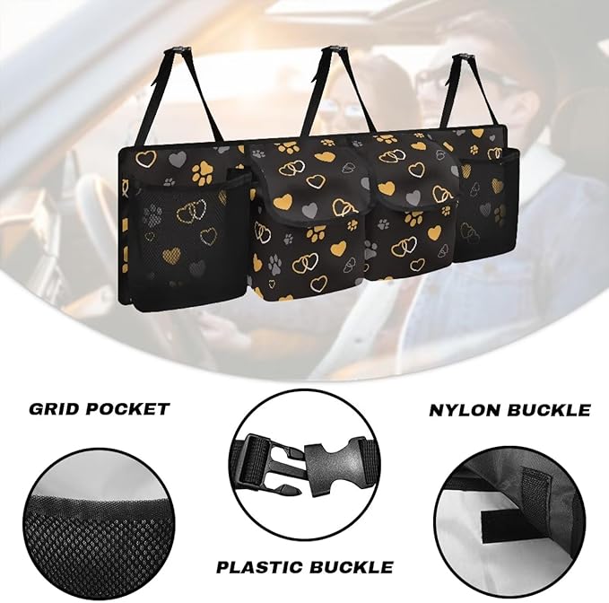 Hanging Car Trunk Organizer, Car Back Seat Storage with 4 Pockets Universal Detachable Car Accessories for SUV Hatchback Crossover Minivan (Dog Paw Print Love Heart Design)