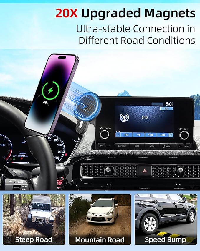 PZK Car Phone Holder for Toyota Highlander Hybrid Lmited/Platinum 2020-2024 2025 Accessories Only for 12.3-inch Screen Magnetic 15W Fast Wireless Charger Car Phone Mount (Not Fit 8-Inch L/LE/XLE)