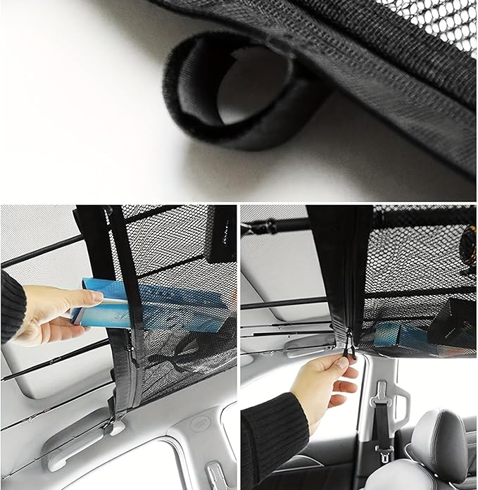 1 Piece Car Fishing Rod Holder, Roof Storage Mesh Bag, 31.5 x 21.3 Inches Reinforced Load Bearing Adjustable to Avoid SaggingDouble-Layer Mesh Organizer,Universal