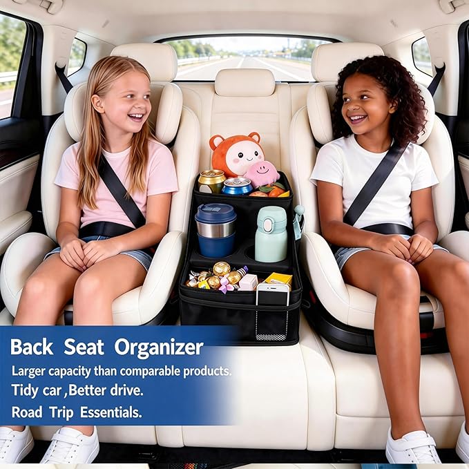 Car Seat Organizer Backseat and Passenger Seat Organizer with 9 Compartments 2 Cup Holders Car Organizer Front Seat Storage for Travel Kids，Black