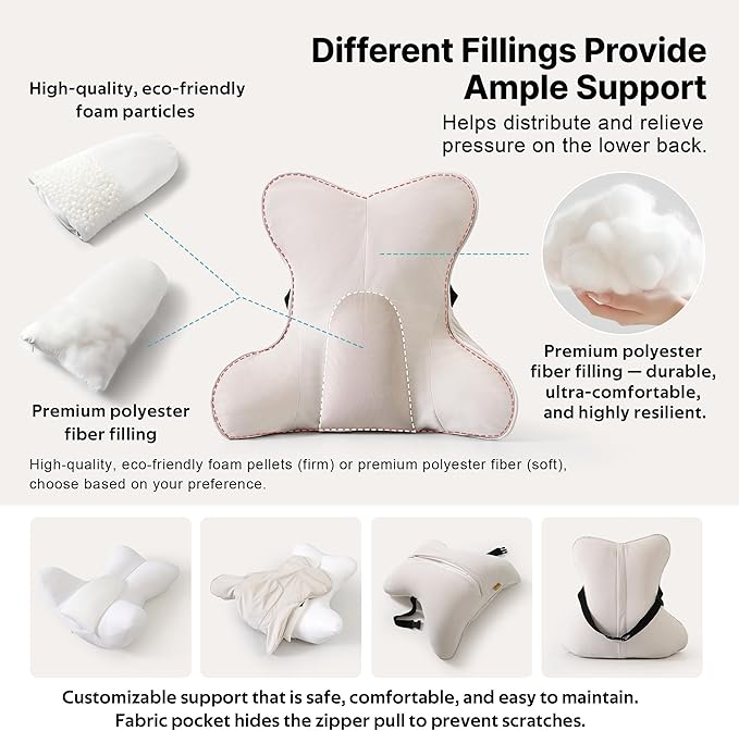 Lumbar Support Pillow(Pat. Pend) – Multi-Functional Ergonomic Back Cushion for Sofa Chair, Car Seat & Sofa, Reading Pillow with Firm Multi-Zone Support to Relieve Lower Back Pain, Misty White