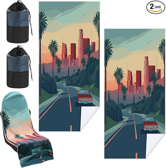 2 Pack Car Seat Towel Covers with Storage Bag 63 x 32 Inch Athletic Running Towel Seat Sweat Washable Non Slip Cover Gift for Car Outdoor Sport Activities (Los Angeles Street Scene)