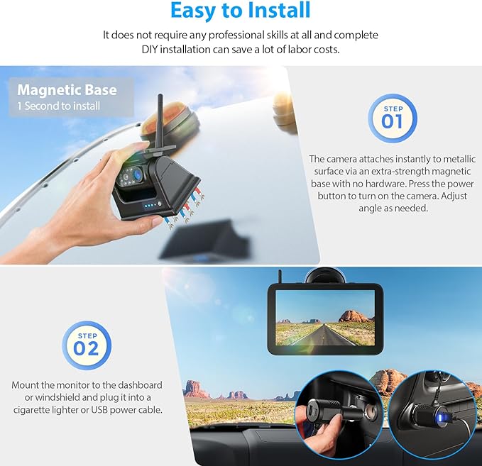 7" Magnetic Solar Wireless Backup Camera System, HD1080P Loop Recording 7 Inch Monitor with Dual RV Backup Cameras Wireless System for Hitch Towing Travel RV Trailer Tractor Truck, BD702