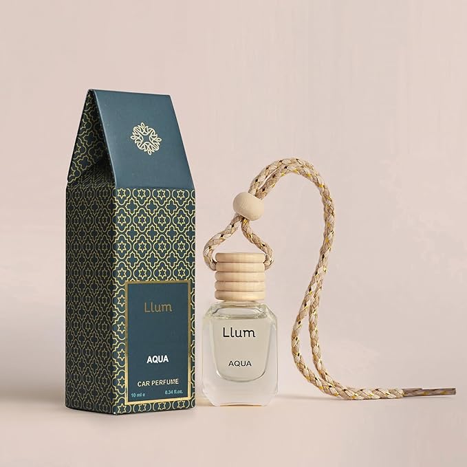 Llum Aqua Hanging Car Air Freshener – Luxury Automotive Perfume Diffuser 10ml (0.34 fl oz), Long-Lasting Fragrance, Alcohol-Free Non-Toxic Car Scent, Glass Bottle With Wood Cap