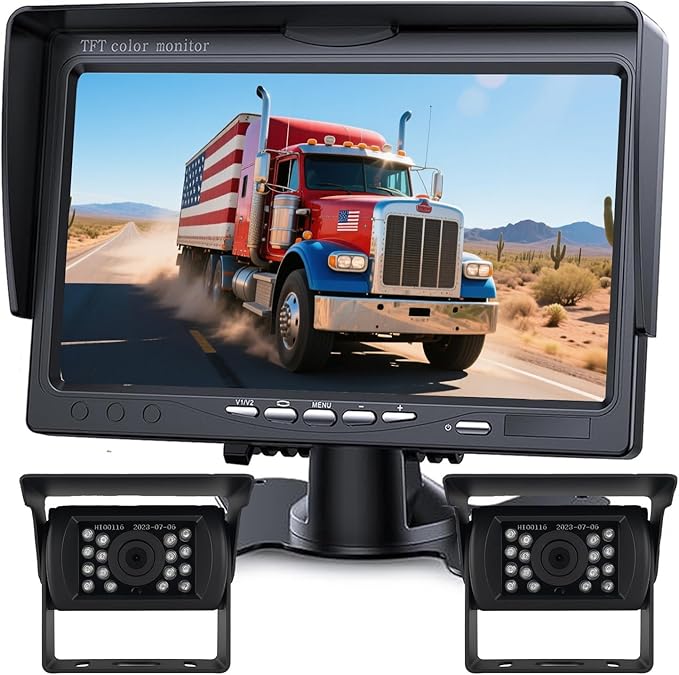 Backup Camera Monitor Kit,7" HD 1080P Monitor,IP69 Waterproof Rearview Reversing Rear View Camera for Truck Trailer Semi-Trailer Box Truck RV Pickup Truck,Easy Installation (Dual Cam)