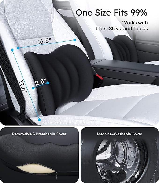 Wigoo 2026 Lumbar Support Pillow for Car [Ergonomic Design, Pressure Relief] Back Cushion for Driving Seat, Back Support Pillow for Car-Office Chair, Fits All Vehicles (Black 2-Pack)