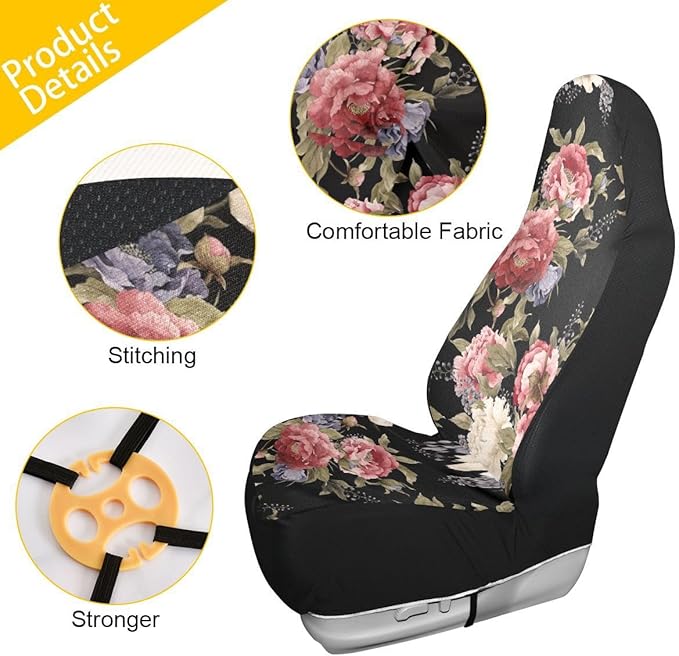 Dark Vintage Floral Flowers Print Car Seat Covers Set of 2,Seamless Floral Pattern with Peonies Watercolor Universal Auto Front Seat Protector for Women Cute Car Accessories Fit for Car Truck