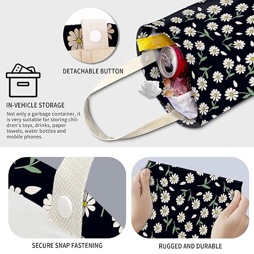 Cute Car Trash Can, Hanging Canvas Car Back Seat Organizer and Storage Bag, Funny Car Trash Bag For Travelling, Outdoor Cute Black White Flower