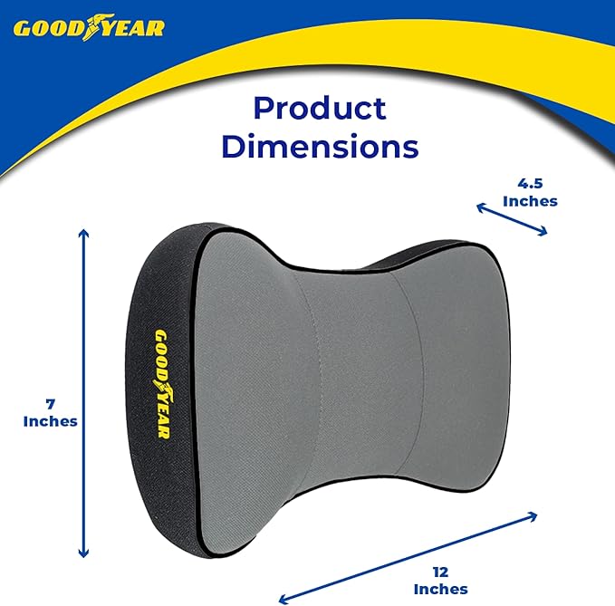 Goodyear Ergonomic Car Neck Pillow, Soft Memory Foam Headrest Pillow for Driving, Breathable & Removable Cover, Car Seat Headrest Cushion with Adjustable Strap, Neck Pain Relief, Grey