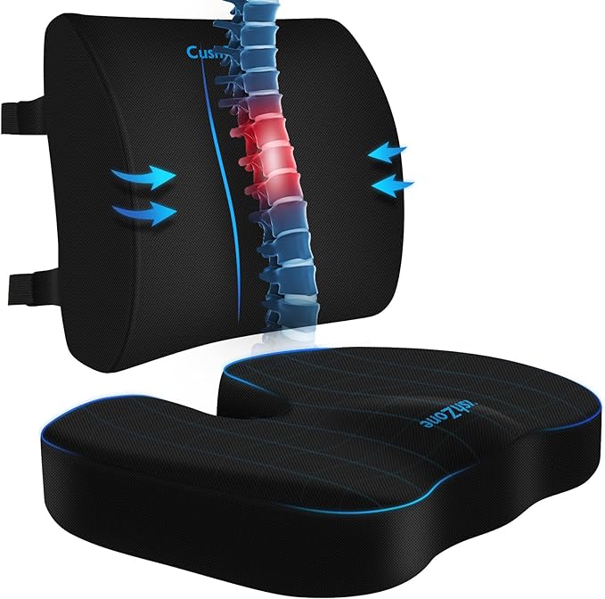 Ergonomic Seat Cushion & Lumbar Support Pillow - Memory Foam for Sciatica Pain Relief & Posture Correction, Non-Slip Chair Cushions for Office Chair/Car/Wheelchair/Travel (Black)