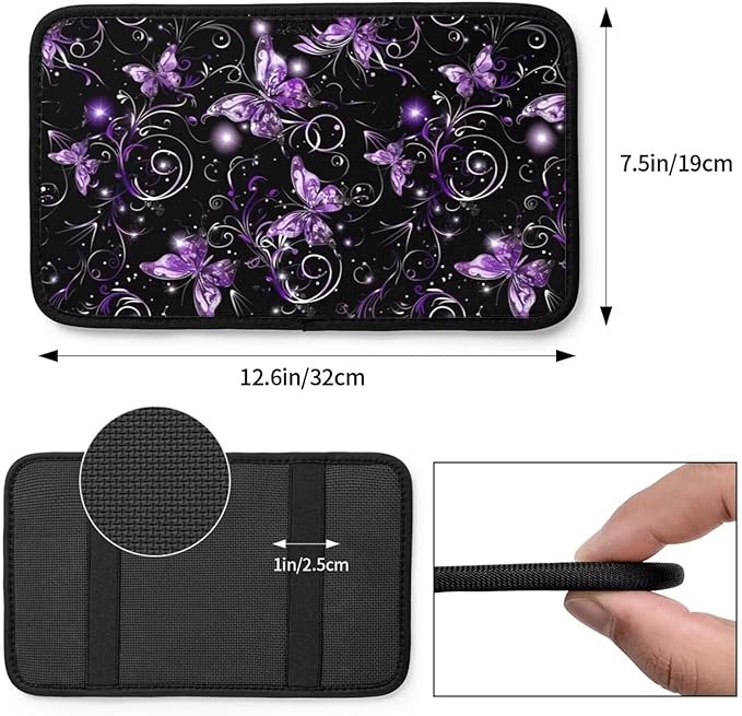 Car Center Console Cover Purple Butterfly Polyester Fabric Auto Armrest Cover Boho Flower Butterflies Cute Hippie Scratch Resistant Wear-Resistant Universal Car Armrest Storage Box Pad