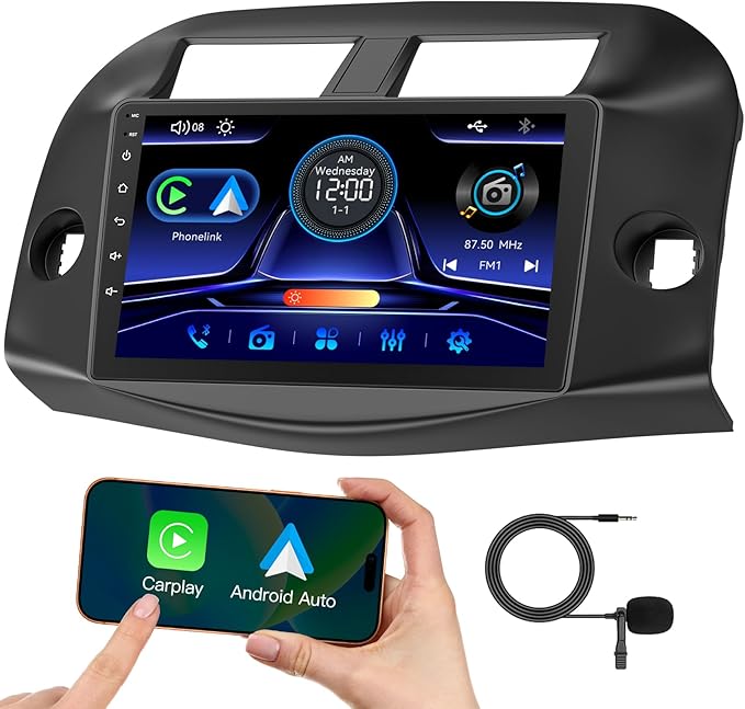 Car Radio Stereo for Toyota RAV4 2007-2012 Without JBL Sound System, Support Wireless Carplay/Android Auto/Mirrorlink, 10 Inch QLED Touchscreen with Bluetooth,FM Radio