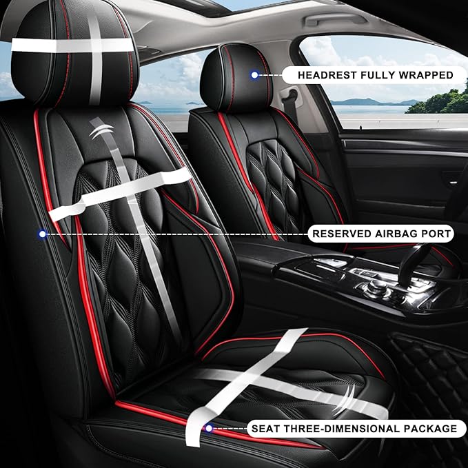 AOMSAZTO Front Seat Covers Fit for Toyota RAV4 2007-2026 Waterproof Faux Leather Car Seat Cover Compatible with Airbag(2PCS Front, Black&Red)
