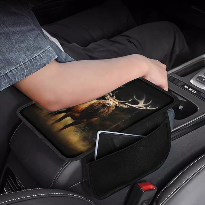 Wild Elk Print Car Center Console Cover Waterproof Vehicle Armrest Cover Pad Elastic Armrest Seat Box Cover Protector Car Armrest Cover Cushion with 2 Storage Bags