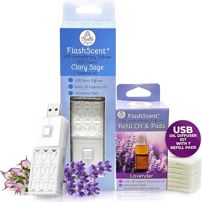 Belle Aroma® FlashScent™ USB Aromatherapy Bundle - for Car, Office, Home, and Travel - Includes 1 Pearl White Clary Sage Oil Diffuser Kit, 1 Lavender FlashScent Essential Oil, and 7 Refill Pads