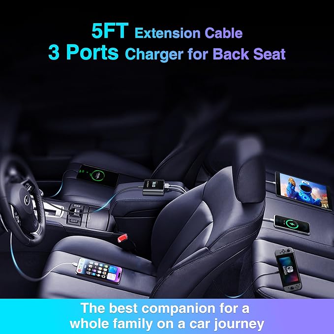 kapebow 78W Fast Charging USB C Car Charger, 5 Port Car Phone Charger with Voltage Display, 5FT Extention PD&QC 3.0 Type C Car Charger for Back Seat for iPhone iPad Samsung Pixel Phones