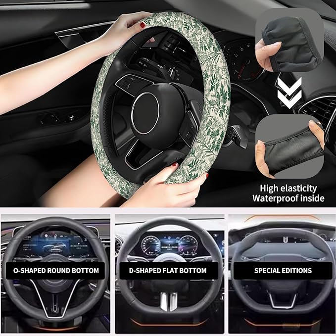 Elastic Car Steering Wheel Cover, Universal 20 inch Non-Slip Breathable Neoprene Steering Wheel Protector, Car Accessories for Women Men Fit Auto, Suvs, Truck Green Floral