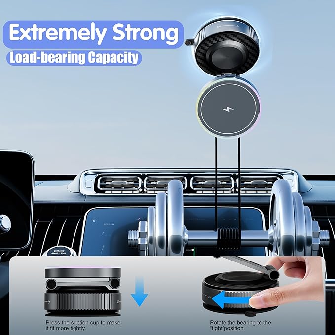 Magnetic Phone Holder for Car Wireless Charging, 15W Fast Wireless Car Charger with Vacuum Suction, 360° Adjustable Magnetic Mount for Dashboard & Windshield, Hands-Free for MagSafe iPhone & Android