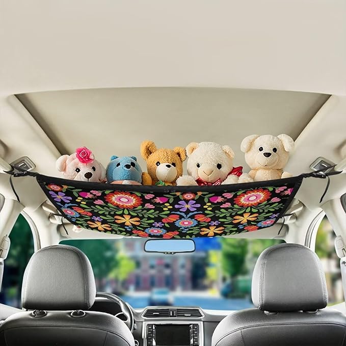 Generic Boho Flowers Car Ceiling Cargo Net Pocket,31.69"x24.02" Adjustable Double-Layer Mesh SUV Roof Organizer Long Trip Ceiling Storage Net,Car Camping Cargo Bag for Car,SUV Accessories