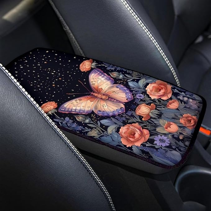 Suobstales Butterfly Rose Flower Print Car Armrest Pad Soft Center Console Arm Rest Protector Cover Universal Car Interior Accessories Decoration