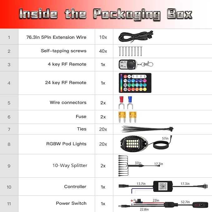 20 Pods Alloy RGBW LED Rock Lights for ATV UTV Golf Cart RZR Semi Truck RV Offroad SUV Cars, Upgraded RGB Waterproof Multicolor Neon Underglow Light with APP/RF Remote Music Mode, Underbody Lighting