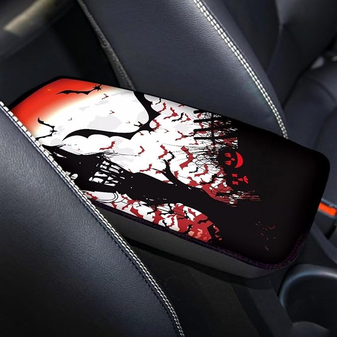 Halloween Bat Castle Universal Center Console Armrest Soft Pad Protector Cover Armrest Box Protector Non Slip for Pet Dogs Car Interior Decor