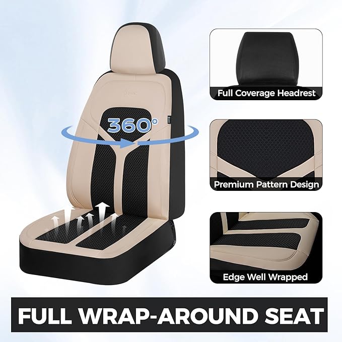 FLORICH Car Seat Covers Front Seat, Universal Seat Cover 2 Seats, Automotive Seat Covers with Mesh Leather, Waterproof Car Seat Protector, Breathable Car Seat Cushion for Most Car SUV Truck Beige