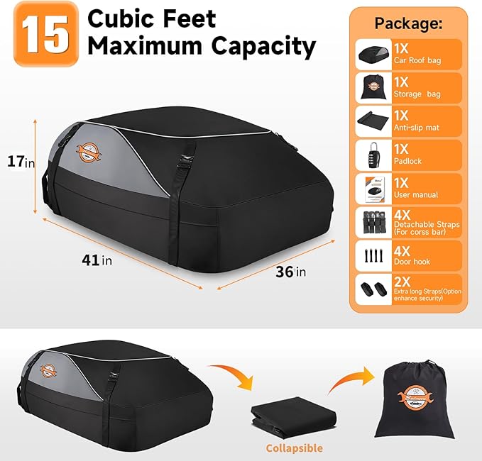 Sailnovo Rooftop Cargo Carrier Roof Bag,15 Cubic feet Soft Waterproof Car Roof Bag fit Cars with/Without Rack, 4 Tie-Down Straps, 4 Door Hooks, Foldable Car Top Carrier for Road Trip Camping Travel