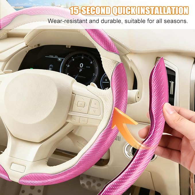 3PCS Carbon Fiber Car Steering Wheel Cover, Leather Segmented Anti-Skid Steering Wheel Protector, Snap on Automotive Interior Protection Accessories, Universal for Vehicles (Pink)