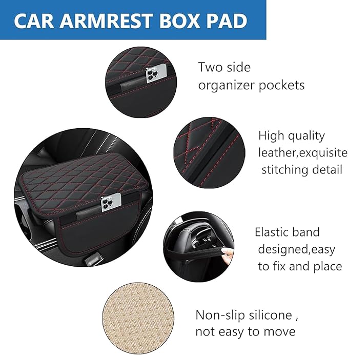 Car Armrest Cushion for Isuzu D-MAX MU-X 2015-2025, Center Console Covers Pad Leather Accessories, Arm Rest Protector Mat with Side Storage Bag for SUV/Sedan/Truck, B/Black-Red