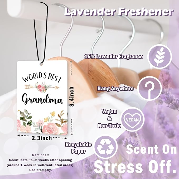 Grandma Gifts Car Air Freshener Accessories 3pcs,World's Best Festive Gifts for Granmda Christmas,Pink Flower Rustic Hanging Scent Lavender Fragrance Card for Women Closet Bathroom Home Decor