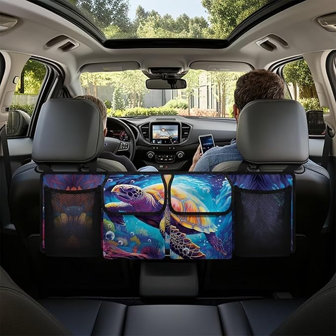 Turtle Trunk Hanging Storage Bag Underwater World Back of Seat Car Organizer Multipurpose Cargo Accessory with 3 Adjustable Buckles
