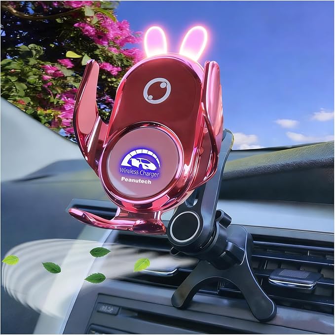 Car Phone Holder Mount Wireless Charging Auto Clamping Rotatable Vent Clip Cute Pink Rabbit Woman for iPhone Samsung Andriod Phone