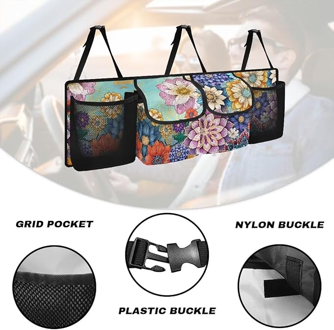 Boho Mandala Floral Blossom Car Trunk Organizer with 3 Adjustable Buckles Hanging Cargo Bag with 4 Storage Bags,Sturdy Space Saving Expert,Gift for Women