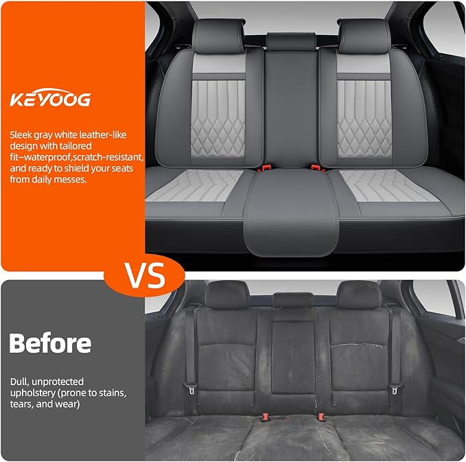 KEYOOG Universal 5-Seater Waterproof Breathable Nappa Leather Car Seat Covers Full Set, Compatible with Toyota Corolla Camry, Lexus LS400, Nissan Rogue, Fit Front Rear Seats Most Sedans SUV- Gray