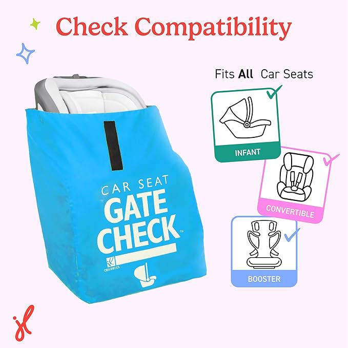 J.L. Childress Gate Check Travel Bag for Car Seats - Car Seat Travel Bag for Airplane, Includes AIRTAG Holder, Fits All Baby Carriers, Infant Carriers & Child Booster Seats - Neon Blue