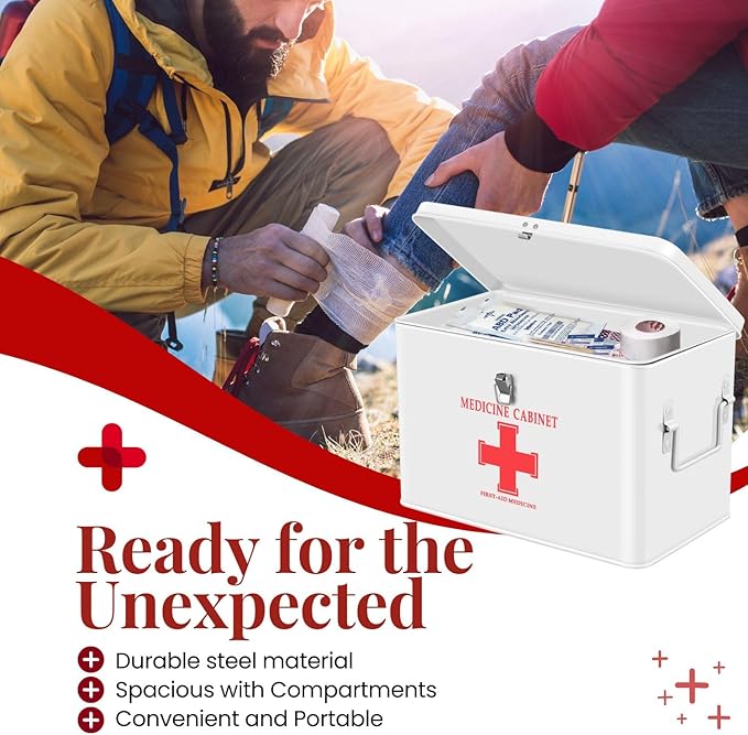 Flexzion First Aid Box Organizer Empty with Lock - 13" White Vintage First Aid Kit Tin Metal Medical Box - First Aid Storage Bin Container with Dividers, Removable Tray and Red Cross Logo