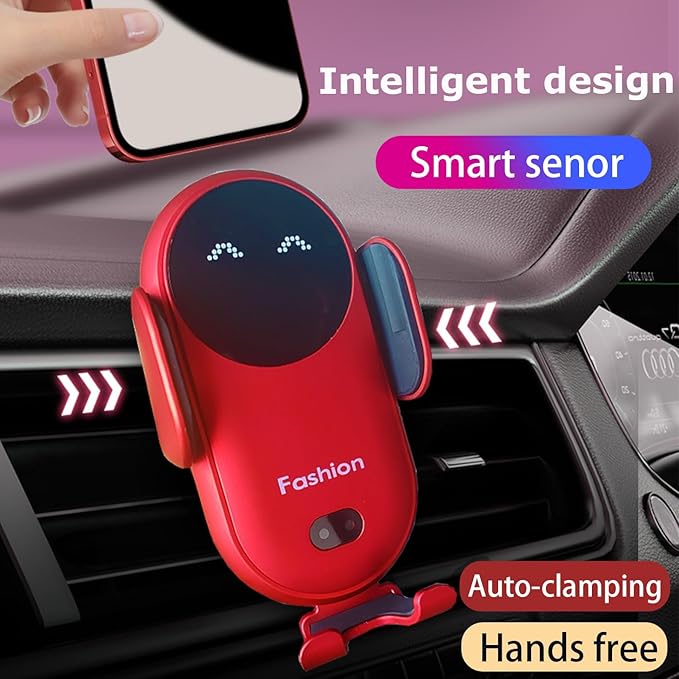 Wireless Car Charger Mount, Cute Car Phone Holder, Automatic Clamping Air Vent Dashboard Smart Phone Holder for iPhone 15/14/13/12/11//XS/XR/8, Samsung S23/22/21/20/Note 20, etc (Red)